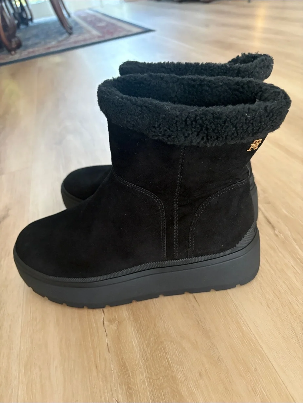 Tommy Hilfiger Black Suede Shearling-Lined Platform Ankle Boots